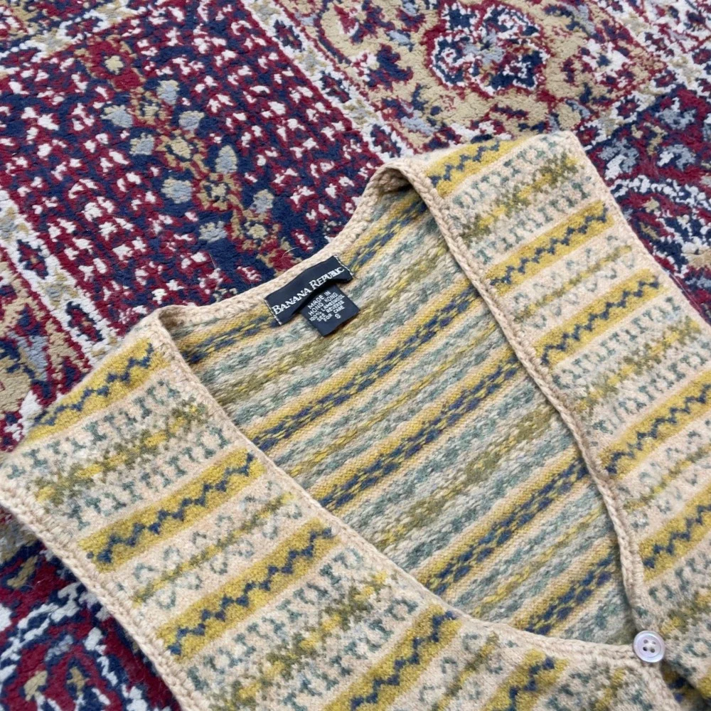 VTG 90s Banana Republic Lambswool Fair Isle Knit Vest Yellow Brown Button S loop